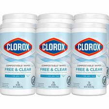 Clorox Free & Clear Compostable All Purpose Cleaning Wipes 4.25" Length x 4.25" Width - Fragrance-free, Dye-free, Residue-free, Durable - White - 75/Tub - 6 / Carton