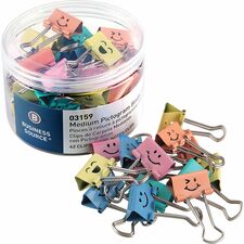 Business Source Smiling Face Binder Clips Medium - for Paper, Office, Classroom - Sturdy - Assorted - 42 / Tube