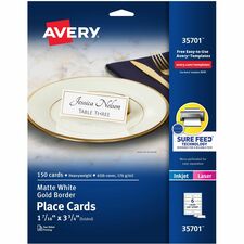 Avery&reg; Place Cards, 1-7/16" x 3-3/4" , Gold Border, 150 Cards (35701) 97 Brightness - Letter - 8 1/2" x 11" - 65 lb Basis Weight - 176 g/m&#178; Grammage - Matte - Perforated, Print-to-the-edge, Pre-scored, Micro Perforated, Foldable, Smooth Edge, Jam
