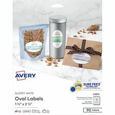 Avery&reg; Sure Feed Printable Glossy White Labels Waterproof - 1 1/2" Width x 2 1/2" Length - Permanent Adhesive - Oval - Inkjet, Laser - Glossy White - White - Paper - 18 / Sheet - 18 Total Sheets - 90 Total Label(s) - 90/Pack - 5 / Pack