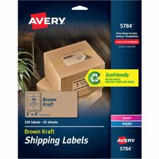 Avery&reg; Shipping Labels,, Kraft Brown, 2" x 4" , 250 Labels (5784) 2" Height x 4" Width - Permanent Adhesive - Rectangle - Laser, Inkjet - Kraft Brown - Paper - Permanent Adhesive, Recyclable, Reusable, Chlorine-free, Customizable - 10 / Sheet - 25 Tot