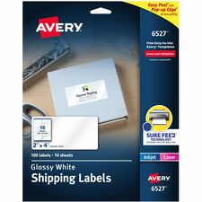 Avery&reg; Shipping Labels, Glossy White, 2" x 4" , 100 Total (6527) 2" Height x 4" Width - Permanent Adhesive - Rectangle - Laser, Inkjet - Glossy - White - Paper - Permanent Adhesive, Peel & Stick, Pop Up Edge - 10 / Sheet - 10 Total Sheets - 100 Total