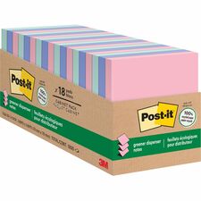 Post-it&reg; Greener Dispenser Notes 3" Flag/Note Width x 3" Flag/Note Length - Square - 100 Sheets per Pad - Positively Pink, Fresh Mint, Moonstone - Paper - Self-stick, Removable, Recyclable, Pop-up, Residue-free, Eco-friendly - Recycled - 18 / Pack