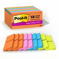 Post-it&reg; Super Sticky Notes - Energy Boost Color Collection 2" Flag/Note Width x 2" Flag/Note Length - Square - 90 Sheets per Pad - Multicolor - Paper - Super Sticky, Adhesive, Recyclable, Residue-free - 18 / Pack