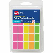 Avery&reg; Removable Labels, 1/2" x 3/4" , Neon, 525 Total (6721) 3/4" Height x 1/2" Width x 3/4" Length - Removable Adhesive - Rectangle - Neon Pink, Neon Yellow, Neon Orange, Neon Green - Paper - Removable, Residue-free - 25 / Sheet - 21 Total Sheets -