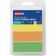 Avery&reg; Rectangular Removable Color Coding Labels on Small Sheets 1" Height x 1" Width x 3" Length - Removable Adhesive - Rectangle - Neon Yellow, Neon Orange, Neon Green - Paper - Removable, Residue-free - 3 / Sheet - 24 Total Sheets - 72 Total Label(