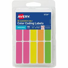 Avery&reg; Rectangular Removable Color Coding Labels on Small Sheets 1/2" Height x 1/2" Width x 1 3/4" Length - Removable Adhesive - Rectangle - Neon Pink, Neon Yellow, Neon Orange, Neon Green - Paper - Removable, Peel & Stick - 10 / Sheet - 18 Total Shee