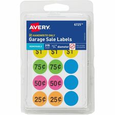 Avery&reg; Garage Sale Labels on Small Sheets 3/4" Diameter - Removable Adhesive - Round - Matte - Neon Blue, Neon Green, Neon Orange, Neon Pink, Neon Yellow, Assorted - Paper - Removable, Peel & Stick, Write-on Label - 15 / Sheet - 21 Total Sheets - 1134