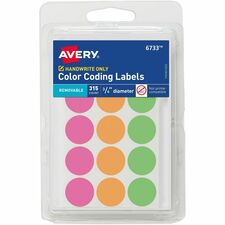 Avery&reg; 3/4" Round Removable Color Coding Labels - Handwrite Only 3/4" Diameter - Removable Adhesive - Round - Neon Pink, Neon Orange, Neon Green, Assorted - Paper - Removable - 15 / Sheet - 21 Total Sheets - 315 Total Label(s) - 315/Pack - 36 / Carton