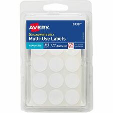 Avery&reg; Removable Multi-Use ID Labels on Small Sheets - Handwrite Only 3/4" Diameter - Removable Adhesive - Round - White - Paper - Removable, Residue-free, Easy Peel - 15 / Sheet - 21 Total Sheets - 11340 Total Label(s) - 315/Pack - 36 / Carton