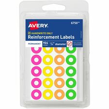 Avery&reg; Reinforcement Stickers, 1/4" , Neon, 924 Total (6750) 0.3" Diameter - 3 x Holes - Round - Assorted - Paper - 924/Pack - 36 / Carton