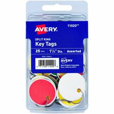 Avery&reg; 1-1/4" Key Tags, Split Ring, Assorted Colors, 25 Tags (11020) 1.25" Diameter - Round - Metal Ring Fastener - Card Stock - Assorted - 25 / Pack