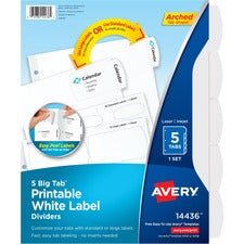 Avery&reg; Big Tab Printable White Label Dividers 5 x Divider(s) - 5 - 5 Tab(s)/Set - 8.5" Divider Width x 11" Divider Length - 3 Hole Punched - White Paper Divider - White Paper Tab(s) - 20% Recycled - 36 / Carton