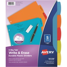 Avery&reg; Big Tab Write & Erase Durable Plastic Dividers 5 x Divider(s) - 5 Write-on Tab(s) - 5 - 5 Tab(s)/Set - 8.5" Divider Width x 11" Divider Length - 3 Hole Punched - Multicolor Plastic Divider - Multicolor Plastic Tab(s) - 24 / Carton