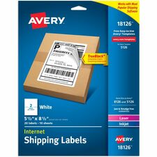 Avery&reg; Internet Shipping Labels, 5-1/2" x 8-1/2" , 20 Labels (18126) 5 1/2" Width x 8 1/2" Length - Permanent Adhesive - Rectangle - Laser, Inkjet - Matte - White - Paper - Permanent Adhesive, Jam Resistant, Smudge Resistant, Customizable, Stick & Sta