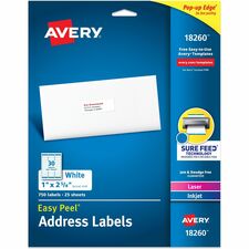 Avery&reg; Easy Peal Sure Feed Address Labels 1" Width x 2 5/8" Length - Permanent Adhesive - Rectangle - Inkjet, Laser - Matte White - Matte - Paper - Permanent Adhesive, Peel & Stick, Smudge-free, Stick & Stay, Jam Resistant, Peeling Resistant - 30 / Sh