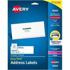 Avery&reg; Easy Peel Address Label 1 21/64" Width x 4" Length - Permanent Adhesive - Rectangle - Inkjet, Laser - Matte White - Matte - Paper - Permanent Adhesive, Peel & Stick, Smudge-free, Stick & Stay, Easy Peel - 14 / Sheet - 14 Total Sheets - 140 Tota