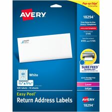 Avery&reg; Easy Peal Sure Feed Address Labels 21/32" Width x 1 3/4" Length - Permanent Adhesive - Rectangle - Inkjet, Laser - Matte White - Matte - Paper - Permanent Adhesive, Customizable, Jam Resistant, Smudge-free, Easy Peel, Stick & Stay - 60 / Sheet
