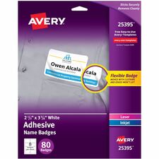 Avery&reg; Adhesive Name Badges 2 21/64" Height x 2 21/64" Width x 3 3/8" Length - Removable Adhesive - Rectangle - Inkjet, Laser - Matte White - Matte - Film - Adhesive, Curl Resistant, Customizable, Flexible, PVC-free, Removable - 8 / Sheet - 8 Total Sh