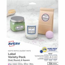 Avery&reg; Sure Feed Label Variety Pack - HeightPermanent Adhesive - Assorted, Round, Oval, Square - Laser, Inkjet - White - Paper - 14 / Sheet - 48 Total Sheets - 630 Total Label(s) - 126/Pack - 5 / Carton
