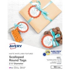 Avery&reg; Textured Round Scallop Tags 2.50" Diameter - Round Scallop - Card Stock, Metal - White - 90/Pack - 5 / Carton