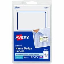 Avery&reg; Flexible Name Badge Labels 2 1/3" Height x 3 3/8" Width - Removable Adhesive - Rectangle - Laser, Inkjet - Matte - White - Blue Border - Film - PVC-free, Removable, Curl Resistant, Flexible, Adhesive - 2 / Sheet - 20 Total Sheets - 720 Total La