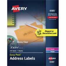 Avery&reg; Easy Peel Address Label 2 5/8" Height x 1" Width - Permanent Adhesive - Rectangle - Laser, Inkjet - Clear - Film - Pop Up Edge, Jam-free, Foldable, Easy Peel - 30 / Sheet - 35 Total Sheets - 1050 Total Label(s) - 1050 / Carton