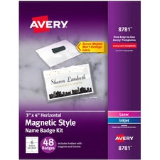 Avery&reg; Name Badge Rectangular Shape - Non-adhesive, Non-toxic, Durable, Magnetic, Heavy Duty, Printable, Micro Perforated, Recyclable - PVC Plastic - White - 48/Box - 5 / Carton