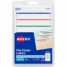 Avery&reg; Removable File Folder Labels 2/3" Width x 3 7/16" Length - Removable Adhesive - Rectangle - Laser, Inkjet - Assorted, Dark Blue, Dark Red, Green, Yellow - Paper - 7 / Sheet - 648 Total Sheets - 4536 Total Label(s) - 252/Pack - 18 / Carton