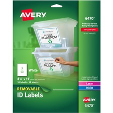 Avery&reg; Removable I.D. Laser/Inkjet Labels 8 1/2" Width x 11" Length - Removable Adhesive - Rectangle - Laser, Inkjet - White - Paper - 1 / Sheet - 50 Total Sheets - 50 Total Label(s) - 150/Pack - 5 / Carton
