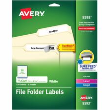 Avery&reg; TrueBlock File Folder Labels 2/3" Width x 3 7/16" Length - Permanent Adhesive - Rectangle - Laser, Inkjet - White - Paper - 30 / Sheet - 20 Total Sheets - 600 Total Label(s) - 150/Pack - 4 / Carton
