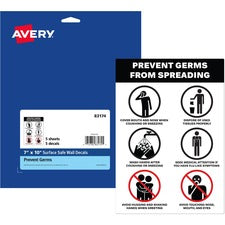 Avery&reg; Surface Safe PREVENT GERMS Wall Decals Print/Message "Prevents Germs from Spreading" - 7" Width x 10" Height - Rectangular Shape - Water Resistant, Pre-printed, Chemical Resistant, Abrasion Resistant, Tear Resistant, Durable, UV Resistant, Resi