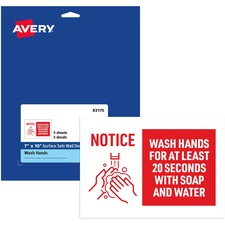 Avery&reg; Surface Safe NOTICE WASH HANDS Wall Decals Print/Message "Wash Hands for at Least 20 Seconds" - 7" Width x 10" Height - Rectangular Shape - Water Resistant, Pre-printed, Chemical Resistant, Abrasion Resistant, Tear Resistant, Durable, UV Resist