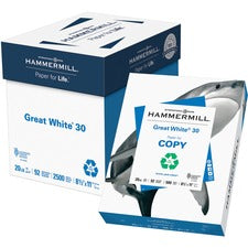 Hammermill Great White 30 Copy Paper - White 92 Brightness - Letter - 8 1/2" x 11" - 20 lb Basis Weight - 75 g/m&#178; Grammage - Sustainable Forestry Initiative (SFI) - Acid-free, Moisture Resistant, Jam-free - White - 2500 Sheets - 500 Sheets per Ream -