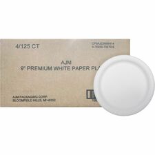 AJM 9" Dinnerware Paper Plates Disposable - 9" Diameter - White - Paper Body - 125 / Pack