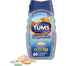 TUMS Smoothies Extra Strength Antacid Chewable Tablet For Acid Indigestion, Heartburn, Sour Stomach, Upset Stomach - Assorted Fruit - 60/Bottle - 1 Each