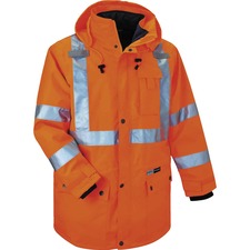 Ergodyne 4-in-1 High Visibility Jacket 5-Xtra Large - 62" Chest - Zipper Closure - Polyurethane, Polyurethane - Orange - Weather Proof, Chest Pocket, Mic Tab, Reflective Strip, High Visibility, Drawstring, Inset Hood, Removable Sleeve, Cell Phone Pocket,