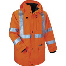 Ergodyne 4-in-1 High Visibility Jacket Large - 42" Chest - Zipper Closure - Polyurethane, Polyurethane - Orange - Weather Proof, Chest Pocket, Mic Tab, Reflective Strip, High Visibility, Drawstring, Inset Hood, Removable Sleeve, Cell Phone Pocket, Snap Cl