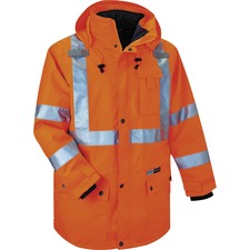Ergodyne 4-in-1 High Visibility Jacket Small - 36" Chest - Zipper Closure - Polyurethane, Polyurethane - Orange - Weather Proof, Chest Pocket, Mic Tab, Reflective Strip, High Visibility, Drawstring, Inset Hood, Removable Sleeve, Cell Phone Pocket, Snap Cl