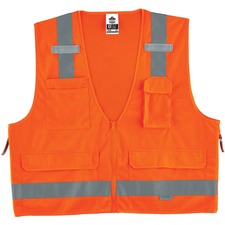 Ergodyne 8250Z Type R Class 2 Surveyors Vest Large/Extra Large - Zipper Closure - Poly, Mesh - Orange - Pocket, Mic Tab, Reflective - 1 Each