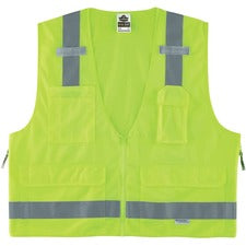 Ergodyne 8250Z Type R Class 2 Surveyors Vest 4-Xtra Large/5-Xtra Large - Zipper Closure - Poly, Mesh - Lime - Pocket, Mic Tab, Reflective - 1 Each
