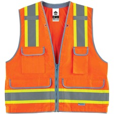 Ergodyne 8254HDZ Type R Class 2 Heavy-Duty Surveyors Vest Small/Medium - Zipper Closure - Polyester, Mesh - Orange - Pocket, Mic Tab, Reflective, Heavy Duty, Rugged - 1 Each