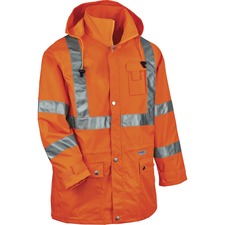 Ergodyne 8365 Type R Class 3 Rain Jacket Recommended for: Construction, Utility, Emergency, Airline Crew, Railway Worker, Survey Crew - Medium - Drawstring Closure Closure - Polyurethane, Polyurethane - Orange - Breathable, Mic Tab, Durable, Water Proof,