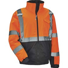 Ergodyne 8377 Type R Class 3 Hi-Vis Quilted Bomber Jacket Recommended for: Accessories, Construction, Baggage Handling, Gloves, Transportation - 2-Xtra Large - Velcro Strap - Drawstring Closure Closure - Polyurethane, Polyurethane - Orange - Machine Washa