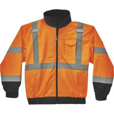 Ergodyne 8379 Type R Class 3 Hi-Vis Fleece Lined Bomber Jacket Recommended for: Accessories, Construction, Baggage Handling, Gloves, Transportation - 4-Xtra Large - Velcro Strap - Drawstring Closure Closure - Polyurethane, Polyurethane - Orange - Machine