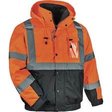 Ergodyne 8381 Hi-Vis 4-in-1 Bomber Jacket Type R Class 3 Recommended for: Accessories, Baggage Handling, Transportation, Snowmobiling, Hiking - Small - Hook & Loop Wrist - Drawstring Closure Closure - Polyurethane, Polyurethane - Orange - Machine Washable