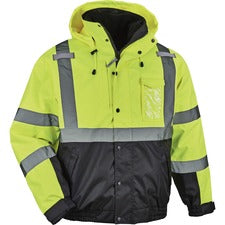 Ergodyne 8381 Hi-Vis 4-in-1 Bomber Jacket Type R Class 3 Recommended for: Accessories, Baggage Handling, Transportation, Snowmobiling, Hiking - Small - Hook & Loop Wrist - Drawstring Closure Closure - Polyurethane, Polyurethane - Lime - Machine Washable,