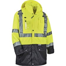 Ergodyne 8386 Type R Class 3 Outer Shell Jacket Extra Large - Rain, Dirt Protection - Zipper Closure - Polyurethane, Polyester Mesh, 300D Oxford Polyester - Lime - Breathable, Pocket, Front Pocket, Reflective, Mic Tab, Weather Proof, Inset Hood, Cell Phon