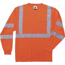 Ergodyne 8391 Type R Class 3 Long Sleeve T-Shirt Small - Polyester - Orange - Breathable, Moisture Resistant, UV Resistant, Reflective, Heat Resistant, Chest Pocket - 1 Each