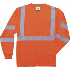 Ergodyne 8391 Type R Class 3 Long Sleeve T-Shirt 2-Xtra Large - Polyester - Orange - Breathable, Moisture Resistant, UV Resistant, Reflective, Heat Resistant, Chest Pocket - 1 Each